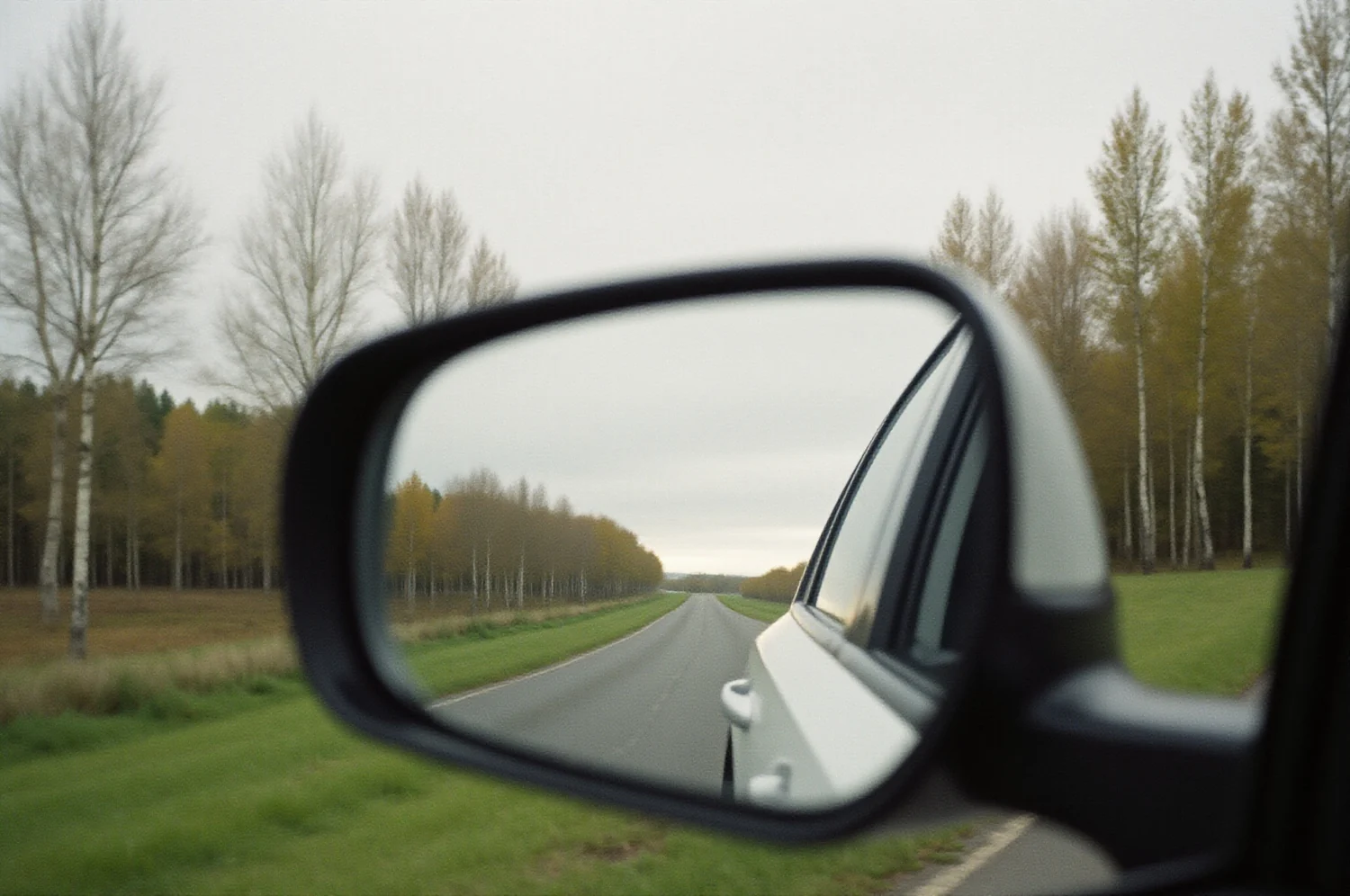 Automobilio šoninis veidrodėlis, atspindintis tuščią kelią